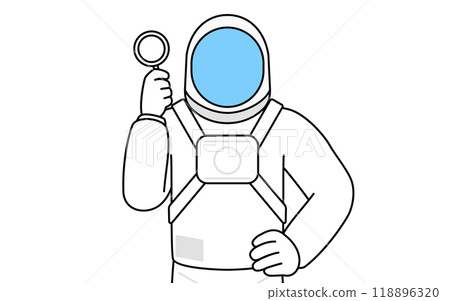 Astronaut holding a magnifying glass and putting his hand on his hip Astronaut holding a magnifying glass and putting his hand on his hip 118896320