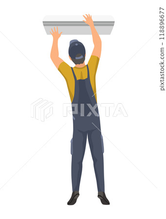 Air conditioner service technician working, flat vector illustration isolated on white background. Cooling system repair, cleaning, maintenance and installation. 118896677