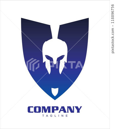 warrior logo, white sparta warrior head on blue shield. warrior helmet on dark blue shield 118896756