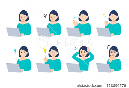A set of young women with various expressions and poses while looking at a computer [People vector illustration material] 118896776