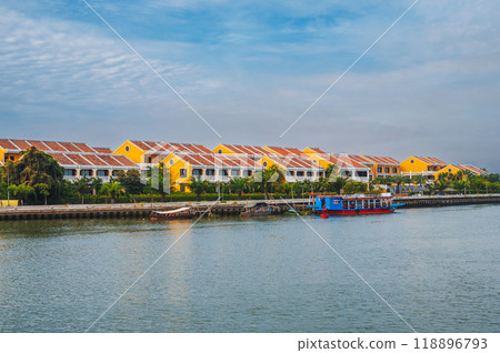 Thu bon river and a boat in old town in Hoi An in Vietnam Thu bon river and a boat in old town in Hoi An in Vietnam 118896793