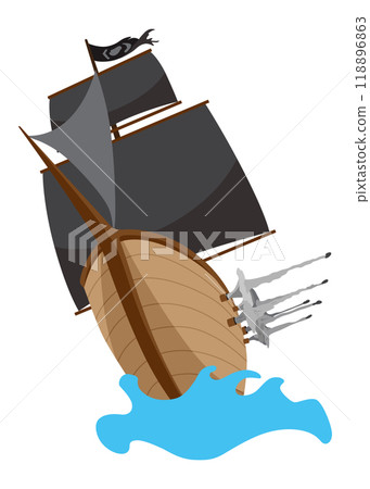 Stylized cartoon pirate ship illustration with black sails. Cute vector icon. Pirate Ship sailing on water 118896863