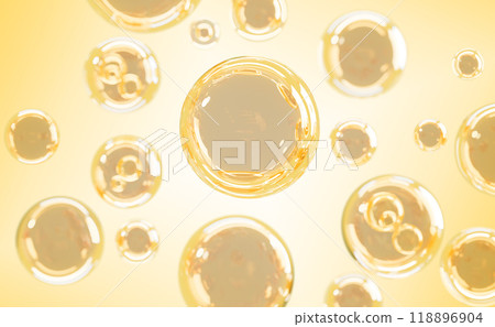 3d background with gold oil bubble, yellow liquid collagen serum or retinol drop render. Skin care beauty cosmetic product, clear moisture essence, transparent gel with cell structure. 3D illustration 3d background with gold oil bubble, yellow liquid collagen serum or retinol drop render. Skin care beauty cosmetic product, clear moisture essence, transparent gel with cell structure. 3D illustration 118896904
