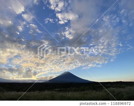 The top of Mt. Fuji is bathed in the rays of light just before sunrise, and pink scale clouds spread across the blue sky 118896972