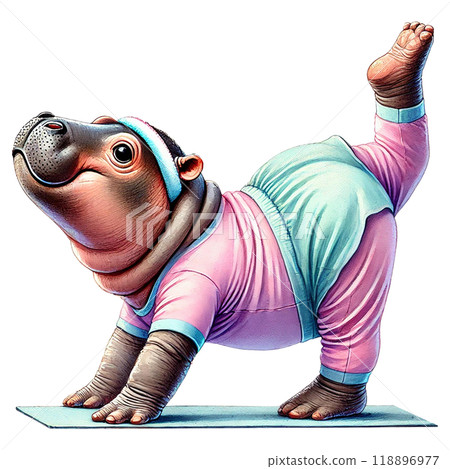 A cartoon hippo doing yoga poses in colorful workout attire. 118896977
