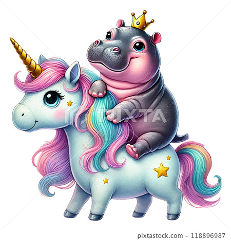 Colorful unicorn with a hippo, whimsical design on a white isolated background. 118896987