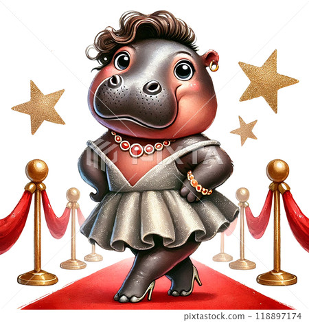 Stylish hippo character on a red carpet with stars in a glamorous setting. Stylish hippo character on a red carpet with stars in a glamorous setting. 118897174