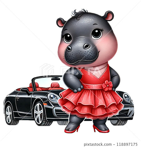 Cute hippo character in a red dress standing beside a stylish black convertible car. 118897175