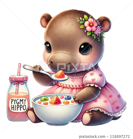 Cute pygmy hippo girl in a pink dress, enjoying cereal and milk, isolated background. 118897272