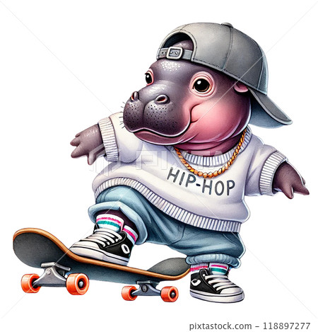 Hippo character skating with style on a skateboard, vibrant colors. 118897277
