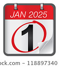Close up of first day of the year 2025 on calendar. New year is the first day of the year in the Gregorian calendar. 118897340