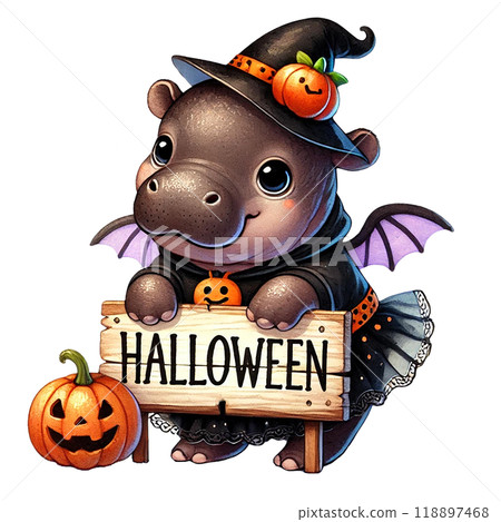 Cute hippo in Halloween costume holding a sign, white isolate background 118897468