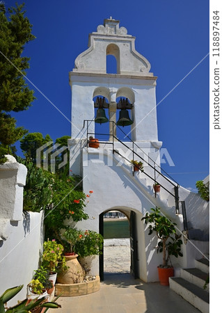Beautiful Vlacherna Monastery and Mouse island.(Pontikonisi) Corfu - Kerkyra. Greece. Beautiful colorful island for summer holidays and travel. Beautiful Vlacherna Monastery and Mouse island.(Pontikonisi) Corfu - Kerkyra. Greece. Beautiful colorful island for summer holidays and travel. 118897484