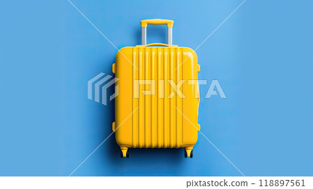 Yellow suitcase on a blue background. Generative AI 118897561