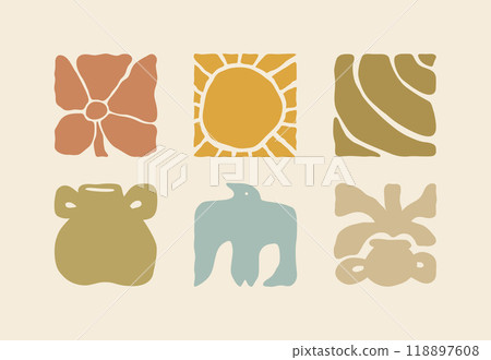 Boho Summer Beach Illustration Set. Groovy Geometric Sun, Seashells, Bird, Pots and Flower. Vector Abstract Square Tropical Icons in Freehand Retro Style for Logo, Print, Pattern, Poster, Web Design Boho Summer Beach Illustration Set. Groovy Geometric Sun, Seashells, Bird, Pots and Flower. Vector Abstract Square Tropical Icons in Freehand Retro Style for Logo, Print, Pattern, Poster, Web Design 118897608