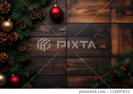 Christmas wooden background with fir tree 118897632