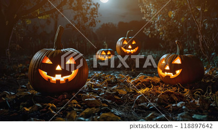 Pumpkins with spooky illuminated carved face 118897642