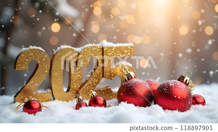 Red and Gold Christmas Ornaments on Snow happy new year 2025 118897901