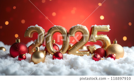 Red and Gold Christmas Ornaments on Snow happy new year 2025 118897910