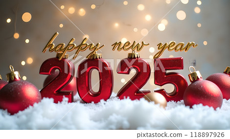Red and Gold Christmas Ornaments on Snow happy new year 2025 118897926