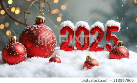 Red and Gold Christmas Ornaments on Snow happy new year 2025 Red and Gold Christmas Ornaments on Snow happy new year 2025 118897966