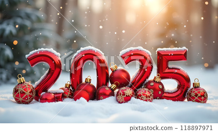 Red and Gold Christmas Ornaments on Snow happy new year 2025 Red and Gold Christmas Ornaments on Snow happy new year 2025 118897971