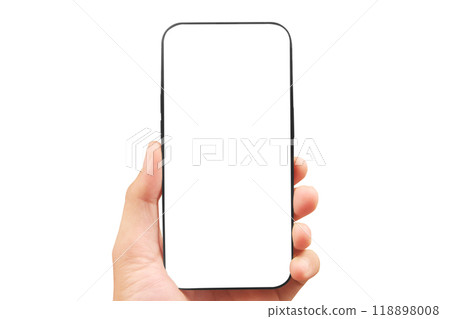 Hand holding smartphone device touching screen 118898008