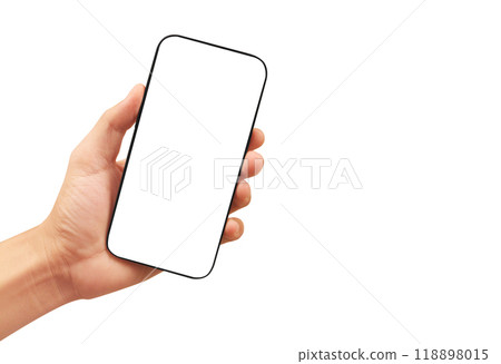 Hand holding smartphone device touching screen 118898015