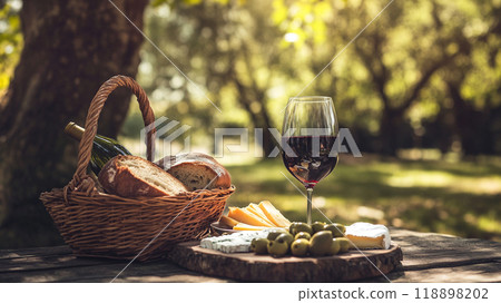 A rustic picnic setting with red wine, bread basket and cheese platter on an outdoor table in the park 118898202