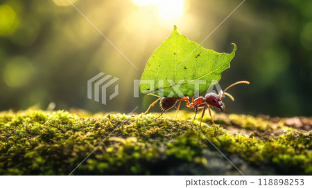 An ant carrying a leaf, macro photography of green moss and a sunlit background 118898253
