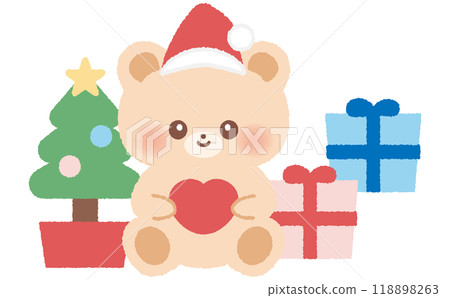 Hand drawn Christmas tree and a bear character wearing a Santa Claus hat and a set of Christmas gifts 118898263