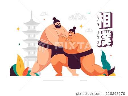Translation : Sumo Wrestler Vector Illustration with Fighting Japanese Traditional Martial Art and Sport Activity in a Flat Style Cartoon Background Translation : Sumo Wrestler Vector Illustration with Fighting Japanese Traditional Martial Art and Sport Activity in a Flat Style Cartoon Background 118898278