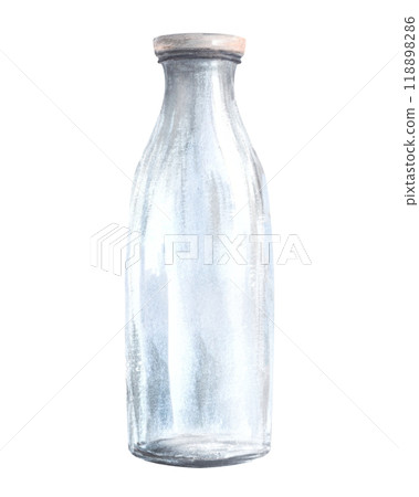 Transparent closed empty glass milk bottle. Watercolor hand drawn illustration.Clipart for dairy drink, kitchenware labels design. Ecology poster and recycling product concept Isolated from background Transparent closed empty glass milk bottle. Watercolor hand drawn illustration.Clipart for dairy drink, kitchenware labels design. Ecology poster and recycling product concept Isolated from background 118898286