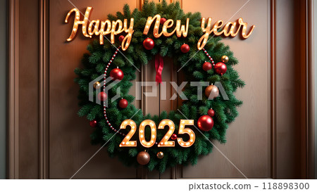 Christmas Wreath on a Wooden Door Background happy new year 2025 Christmas Wreath on a Wooden Door Background happy new year 2025 118898300