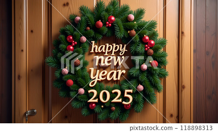 Christmas Wreath on a Wooden Door Background happy new year 2025 118898313