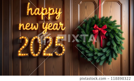 Christmas Wreath on a Wooden Door Background happy new year 2025 Christmas Wreath on a Wooden Door Background happy new year 2025 118898322