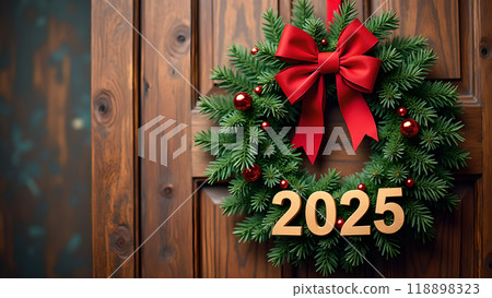 Christmas Wreath on a Wooden Door Background happy new year 2025 Christmas Wreath on a Wooden Door Background happy new year 2025 118898323