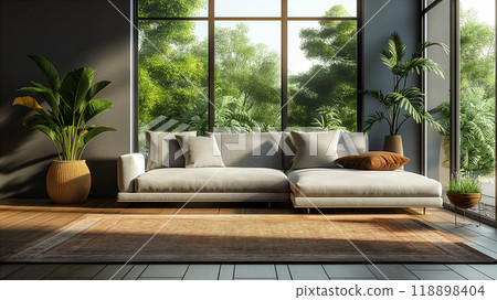 Modern indoor space with plants and natural light in a minimalist design. Generative AI Modern indoor space with plants and natural light in a minimalist design. Generative AI 118898404