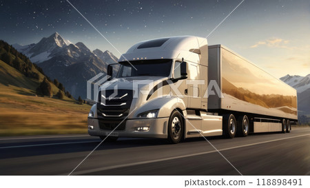 photorealistic image of a sleek, futuristic semi-trailer truck 118898491