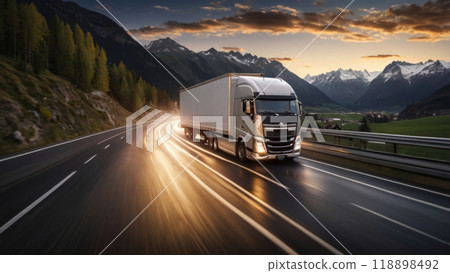photorealistic image of a sleek, futuristic semi-trailer truck 118898492