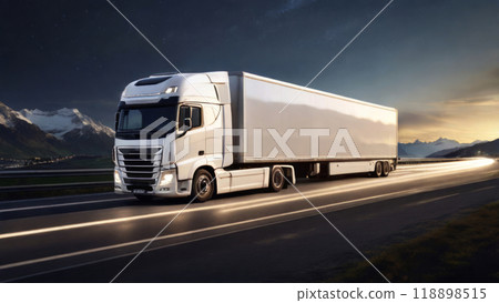 photorealistic image of a sleek, futuristic semi-trailer truck 118898515