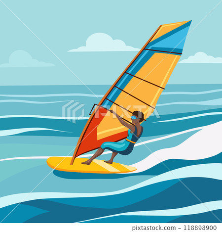 Vector illustration windsurfing. African woman surfing in the sea. Active summer lifestyle 118898900