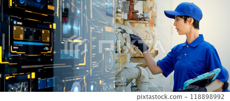 工程師和數位技術檢查工廠機械和管道 — 橫幅和廣告的水平視覺效果 118898992