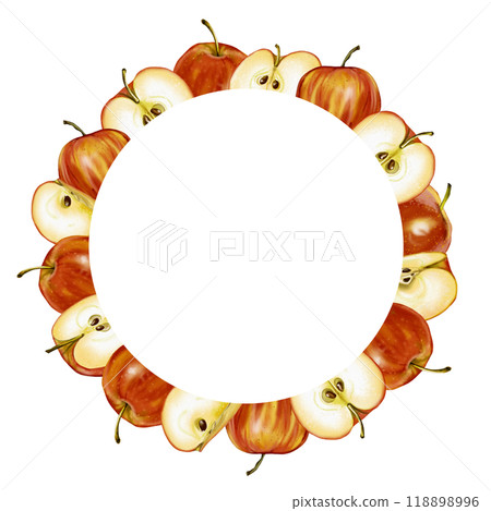Frame with apples. Watercolor illustration. The fruit is red. 118898996