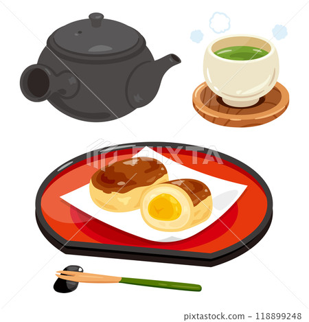 栗子饅頭和茶具放在托盤中 118899248