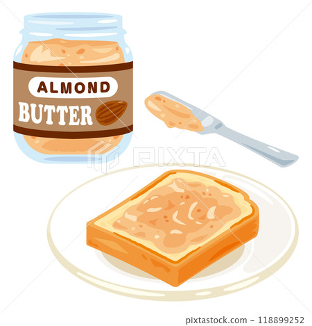 A jar of almond butter and a plate of almond butter toast A jar of almond butter and a plate of almond butter toast 118899252