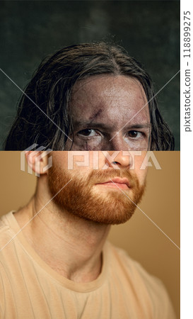 Wounded fighter. Creative collage. Male face with battle scars, merging into the lower half of a modern man with a red beard. 118899275