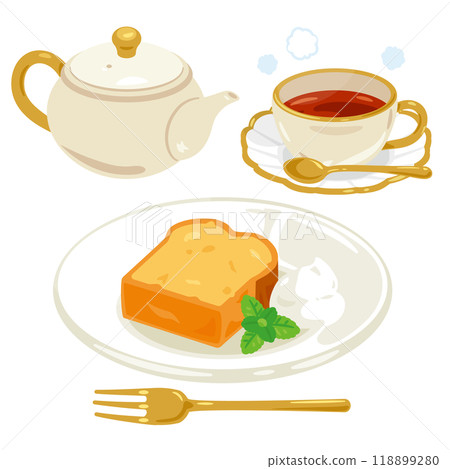 Pound cake on a plate and a tea set Pound cake on a plate and a tea set 118899280