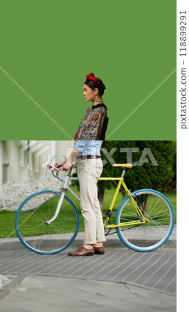 Frida cyclist. Creative collage. Woman resembling Frida Kahlo from the waist up, with a modern cyclist's body below. 118899291