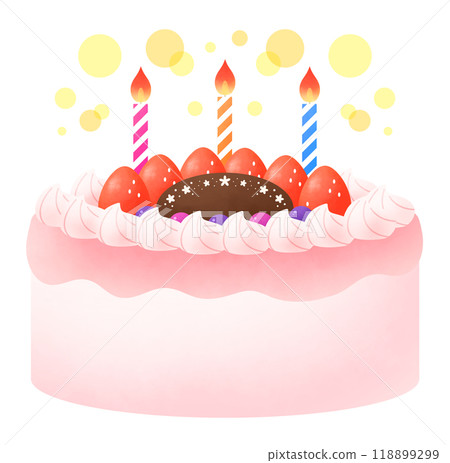 粉紅草莓生日蛋糕的插圖,上面有巧克力盤 粉紅草莓生日蛋糕的插圖,上面有巧克力盤 118899299
